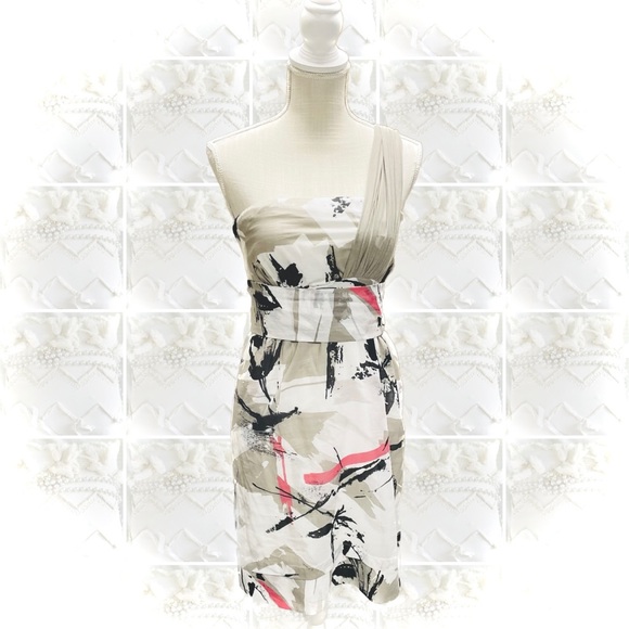 D. EXTERIOR | S | Abstract Italian Cotton Strapless One Shoulder Pink Grey Dress - Picture 3 of 12